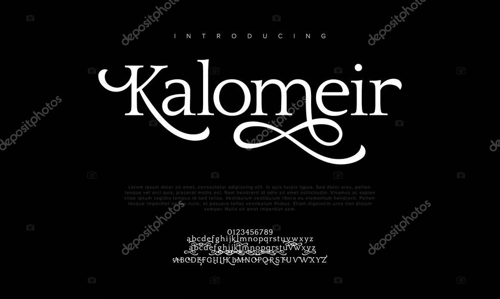 Kalomeir premium luxury elegant alphabet letters and numbers. Elegant wedding typography classic serif font decorative vintage retro. creative vector illustration