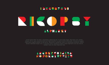 Ricopsy yaratıcı geometrik modern şehir alfabesi yazı tipi. Dijital soyut fütüristik, moda, spor, minimum teknoloji tipografisi. Basit sayısal vektör illüstrasyonu