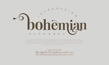 Bohem prestijli lüks alfabe harfleri ve numaraları. Klasik düğün tipografisi klasik serif yazı tipi dekoratif antika. Yaratıcı vektör illüstrasyonu
