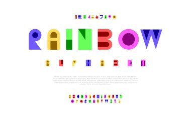 Gökkuşağı yaratıcı geometrik modern şehir alfabesi yazı tipi. Dijital soyut fütüristik, moda, spor, minimum teknoloji tipografisi. Basit sayısal vektör illüstrasyonu