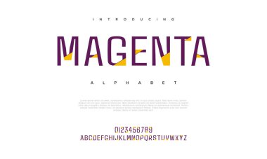 Magenta yaratıcı geometrik modern şehir alfabesi yazı tipi. Dijital soyut fütüristik, moda, spor, minimum teknoloji tipografisi. Basit sayısal vektör illüstrasyonu