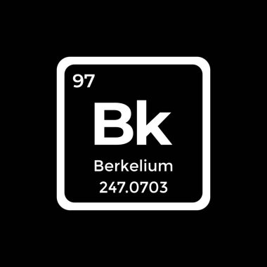 Berkelium periyodik tablo elementi Bk atom beyaz vektör simgesi işareti atomik ve kütle numarası siyah zemin üzerinde izole. Kimyasal element sembolü