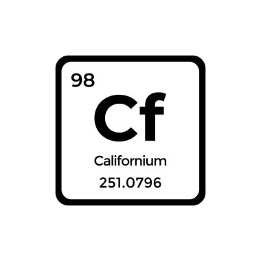 Kaliforniya periyodik tablo elementi beyaz zemin üzerinde izole edilmiş atomik ve kütle numarası olan Cf atomu siyah vektör simgesi. Kimyasal element işareti