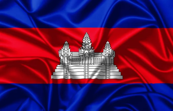 Kambodja Viftande Flagga Närbild Satin Konsistens Bakgrund — Stockfoto