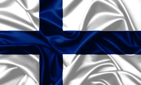 Finlandiya Cumhuriyeti, saten kumaş arka planında bayrak sallıyor
