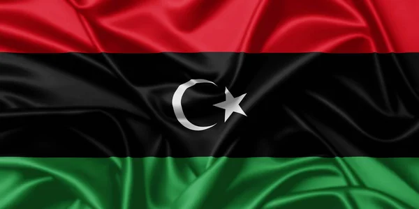 Líbia Hullámzó Zászló Közelről Szatén Textúra Háttér — Stock Fotó