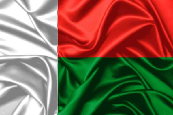 Мадагаскар Размахивает Флагом Фоне Атласной Текстуры — стоковое фото