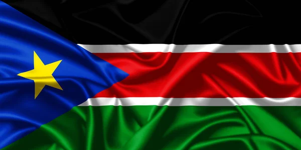 Sudão Sul Acenando Bandeira Fechar Cetim Textura Fundo — Fotografia de Stock