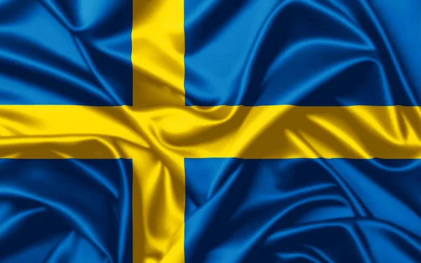 Konungariket Sverige Viftar Flagga Närbild Satin Konsistens Bakgrund — Stockfoto