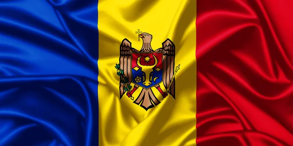 摩尔多瓦共和国挥动国旗近距离丝质绸缎画框背景 — 图库照片