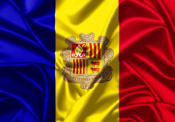 Principality Andorra Waving Flag Close Satin Texture Background — Stock Photo, Image