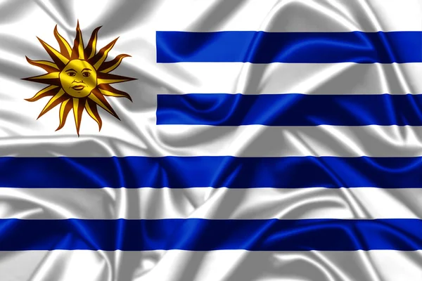 Repubblica Orientale Dell Uruguay Sventolando Bandiera Primo Piano Raso Texture — Foto Stock