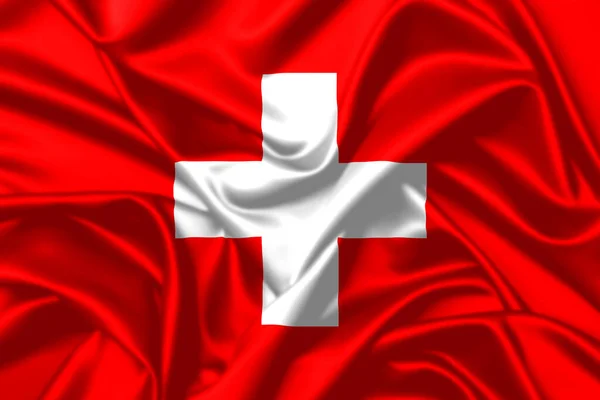 Schweiz Schwenkt Flagge Nahaufnahme Satin Textur Hintergrund — Stockfoto