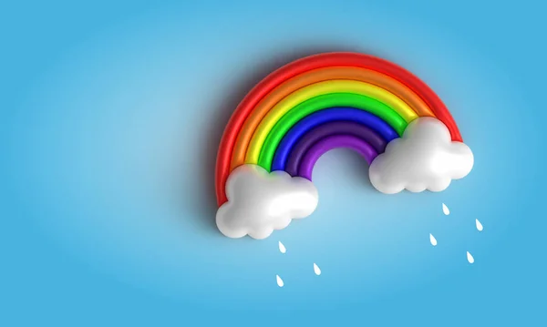 Colorful rainbow with clouds and rain drops 3d illustration isolated sky blue empty background