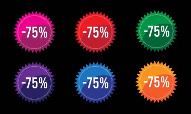 Eksi% 75 indirimli pul tanıtım rozeti tasarım vektör etiketi altı farklı renkte siyah arkaplan üzerine ayarlandı 