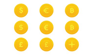 Altın sikke, dolar sikke, bit sikke, euro sikke, pound sikke, indirimli para illüstrasyonu beyaz arka planda izole