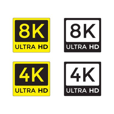 4K ve 8K simgeleri. Altın UHD sembolü seti. Beyaz arka planda yüksek çözünürlüklü etiketler. Video çözünürlüğü. UHD siyah ve beyaz simgeleri
