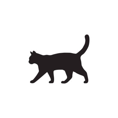 Kuyruğu beyaz arka planda soyutlanmış yürüyen bir kedi silueti.