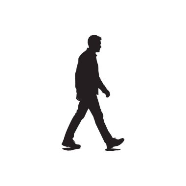 Bir bacağı önde yürüyen bir adamın silüeti beyaz arka planda izole edilmiş.