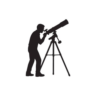 Astronomi silueti adamı teleskoptan gece gökyüzü bilimini ve beyaz arka planda yıldızları gözlemliyor.