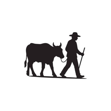 Öküz siluetine öncülük eden çiftçi kırsal tarım çiftlik hayvanları kırsal arazi kavramı beyaz arka planda izole edildi