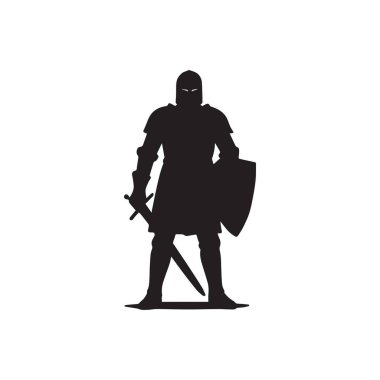 Ortaçağ şövalye silueti zırhlı ve kalkanlı savaşçı beyaz arka planda izole edilmiş güçlü kahraman fantezi konsepti duruyor.