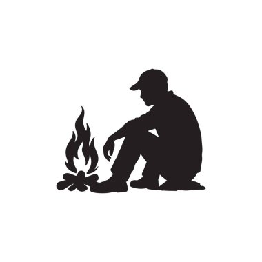 Kamp ateşi siluetinin yanında oturan adam vahşi doğada kamp kuruyor. Hayatta kalma ve rahatlama kavramı beyaz arka planda izole edilmiş.