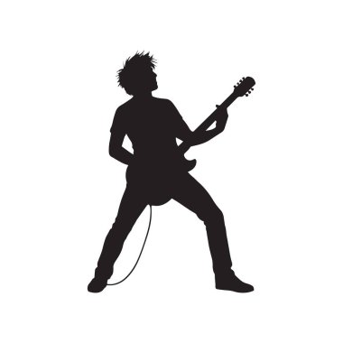 Sahnede elektro gitar çalan rock gitaristi siluet adam beyaz arka planda izole edilmiş müzik konsepti icra ediyor.