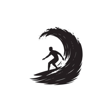 Beyaz arka planda izole edilmiş büyük bir dalgada sörfçü silueti