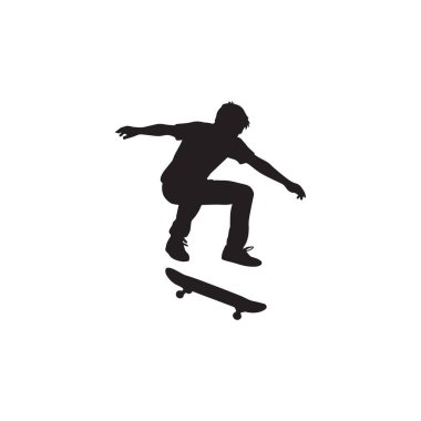 Kaykaycı siluet adam beyaz arka planda ekstrem spor atlayışı yapıyor.