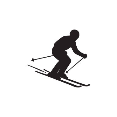 Kayakçı siluet adam kayak yapıyor kış sporları aktivitesi kar dağı macerası konsepti beyaz arka planda