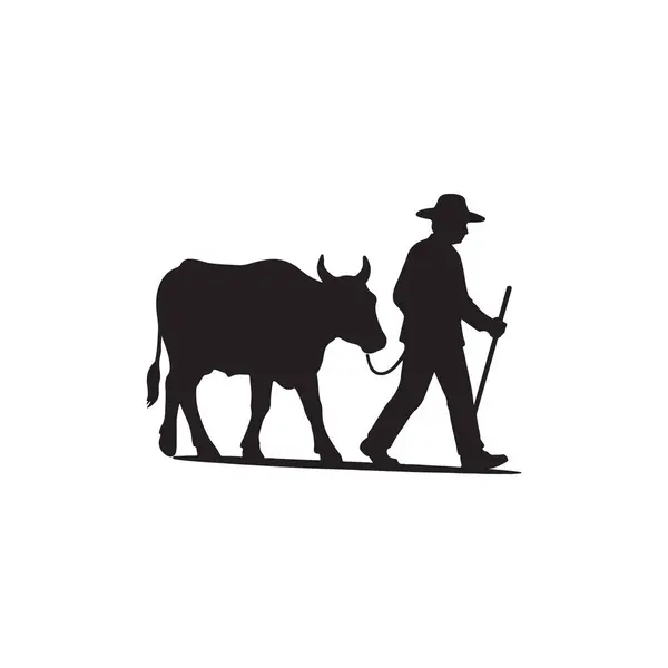 Öküz siluetine öncülük eden çiftçi kırsal tarım çiftlik hayvanları kırsal arazi kavramı beyaz arka planda izole edildi