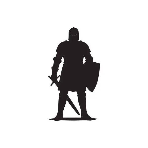 Ortaçağ şövalye silueti zırhlı ve kalkanlı savaşçı beyaz arka planda izole edilmiş güçlü kahraman fantezi konsepti duruyor.