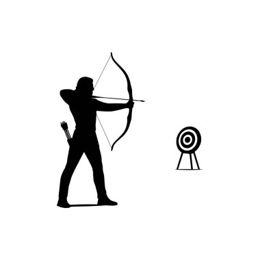 Okçu silueti beyaz arka plan okçuluk sporu odaklı hassas atış hedefine nişan alıyor