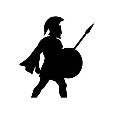 Mızrak ve kalkan tutan eski savaşçı silueti beyaz arka planda izole edilmiş güçlü tarihi savaşçı karakteri kavramı
