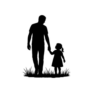 Baba-kız silueti el ele tutuşuyor aile bağları ve ebeveynlik kavramları beyaz arka planda izole edilmiş.