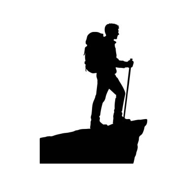 Uçurum siluetinde duran yürüyüşçü beyaz arka planda dağ yürüyüşü anı