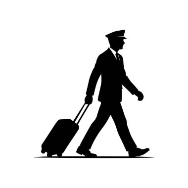  Beyaz arka planda izole edilmiş bavulla yürüyen bir pilotun silueti