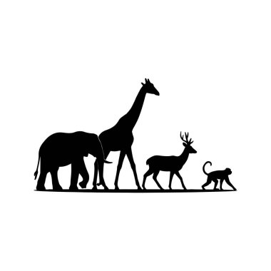 Vahşi hayvan siluet grubu. Beyaz arka planda fil zürafa geyiği ve maymun vahşi hayatı koruma kavramı da dahil.