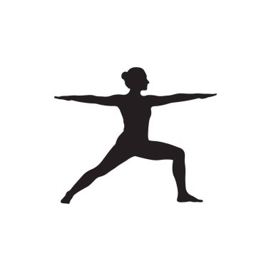 Savaşçı yoga yapan kadın silueti beyaz arka planda kollarını açmış poz veriyor.