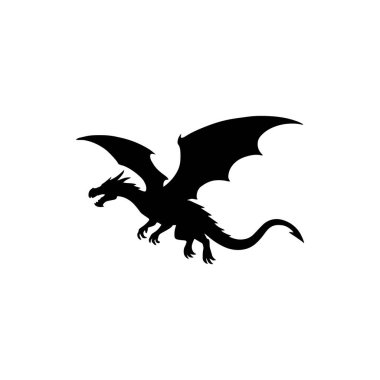 Beyaz arka planda izole edilmiş ejderha silueti hayali yaratık simgesi
