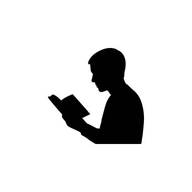 Silüet okuyan bir adam, öğrenim öğrenme öğrenimi sembolü beyaz arka planda izole edilmiş, kitap silueti okuyan, öğrenim öğrenme öğrenme bilgisi sembolü beyaz arka planda izole edilmiş.