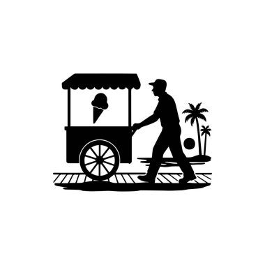 Dondurma satıcısı, siluet simgesi satıcısı, sokak yemekleri resimlerini dağıtıyor.