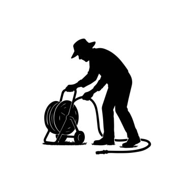 Bahçıvan hortumu suluyor siluet adam sulama ikonu bahçe illüstrasyonu