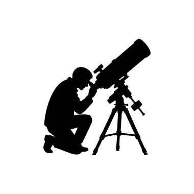 Teleskop siluet simgesine sahip gökbilimci yıldız gözlemleme illüstrasyonu