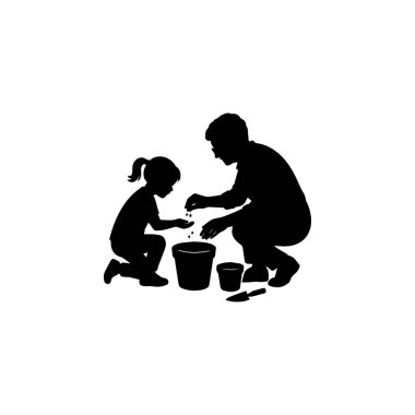 ebeveyn çocuğuna tohum ekmeyi öğretiyor. Silüet beyaz arkaplan üzerine izole edilmiş