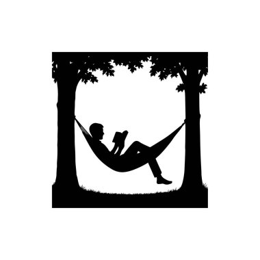 Beyaz arkaplanda izole edilmiş hamak siluetinde rahatlatıcı kitap okuyan kişi