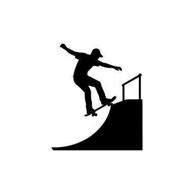 Kaykaycı, rampa siluetinde numara yapıyor. Beyaz arkaplanda izole edilmiş.