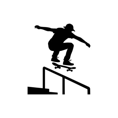 Kaykaycı beyaz arka planda izole edilmiş merdiven siluetinde numara yapıyor.