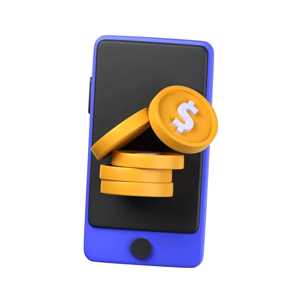 移动金融3D示例对象 被白色背景隔离 第三部分流动融资概念 蓝色智能手机屏幕上的钱 3D财务向量渲染图标说明 — 图库照片